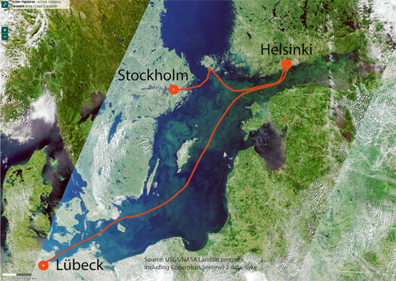 In the Alg@line monitoring network, the measurement route of Silja Serenade is between Helsinki and Stockholm, and the route of Finnmaid is between Helsinki and Lübeck. Source: USGS/NASA Landsat program including Copernicus Sentinel 2 data, Syke.